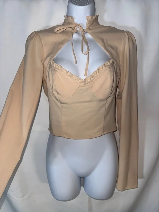 Forever 21 Nude Beigey Cutout Ruffle-Trim Long Sleeve Crop Top - Picture 1 of 6